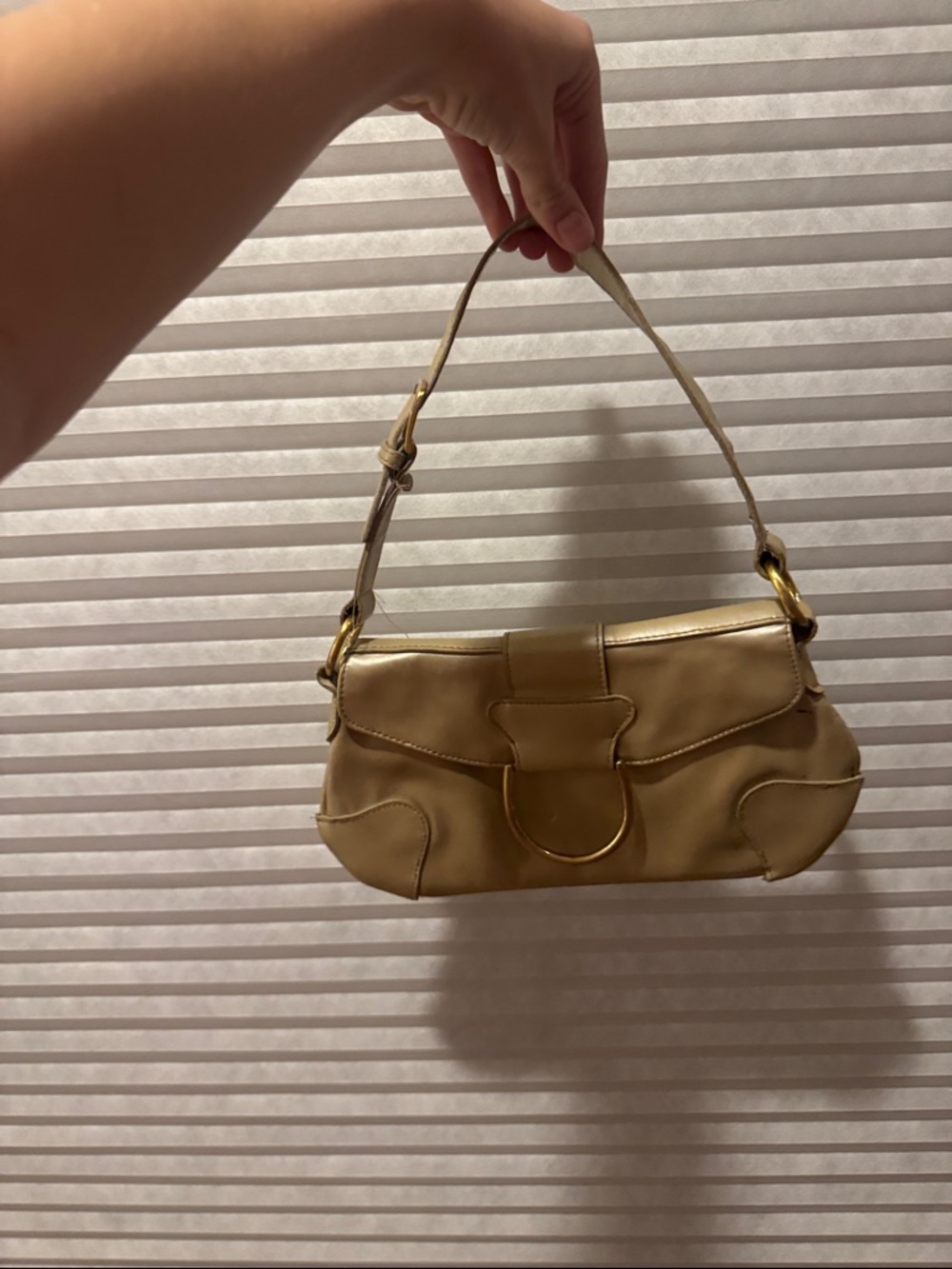 Y2K Classic Tan Shoulder Baguette Bag with Gold Hardware